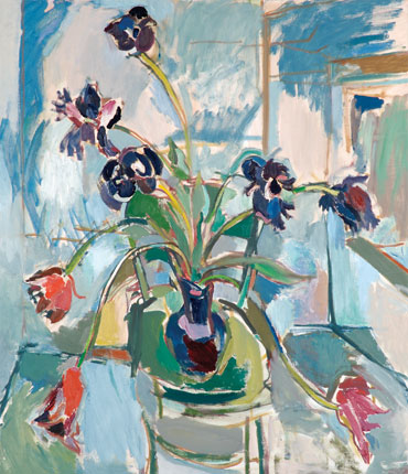 Painting by George McCullough, Tulips, 1998, oil on canvas, 60 inches by 48 inches, George McCullough was a renowned artist and art teacher who lived in New York City and later moved to California and to Fort Wayne, Indiana.