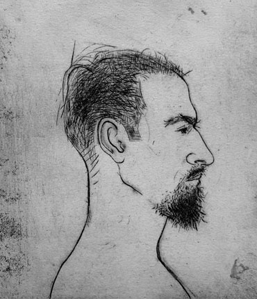 Self portriat etching by George McCullough, Self portriat - George, etching,  1955, 10 x 8, George McCullough was a renowned artist and art teacher who lived in New York City and later moved to California and to Fort Wayne, Indiana