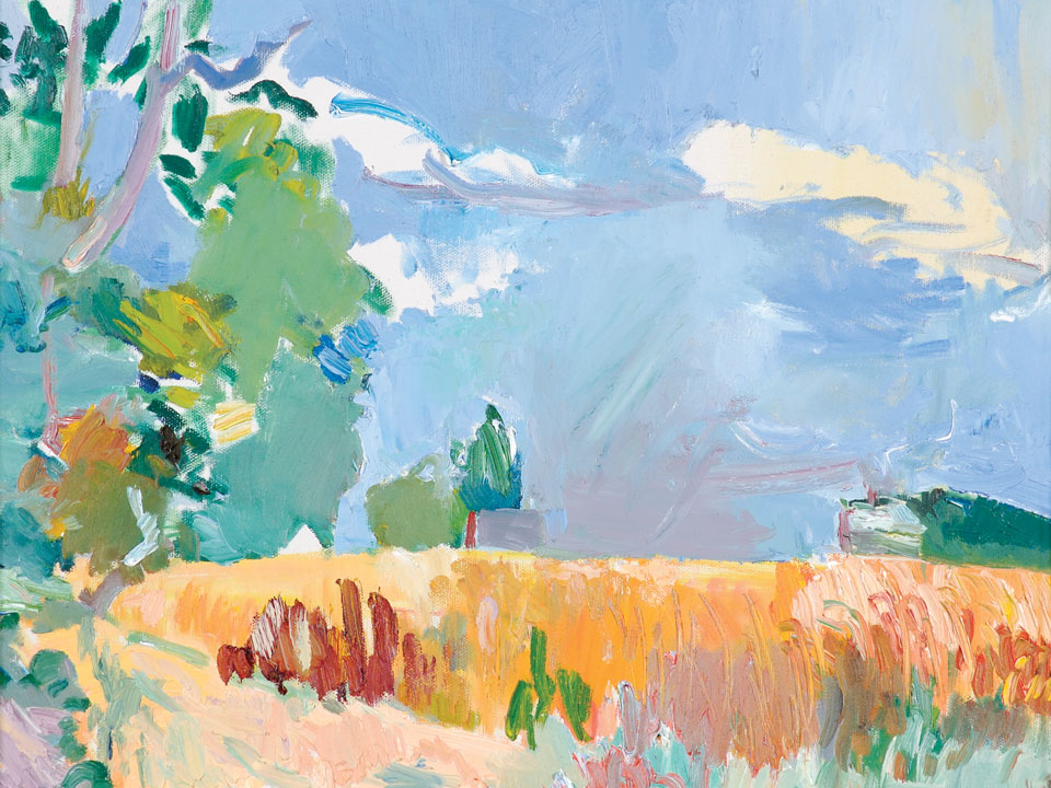 George McCullough painting, Adams farm, oil on canvas. George McCullough was a renowned artist and art teacher who lived in New York City and later moved to California and to Fort Wayne, Indiana