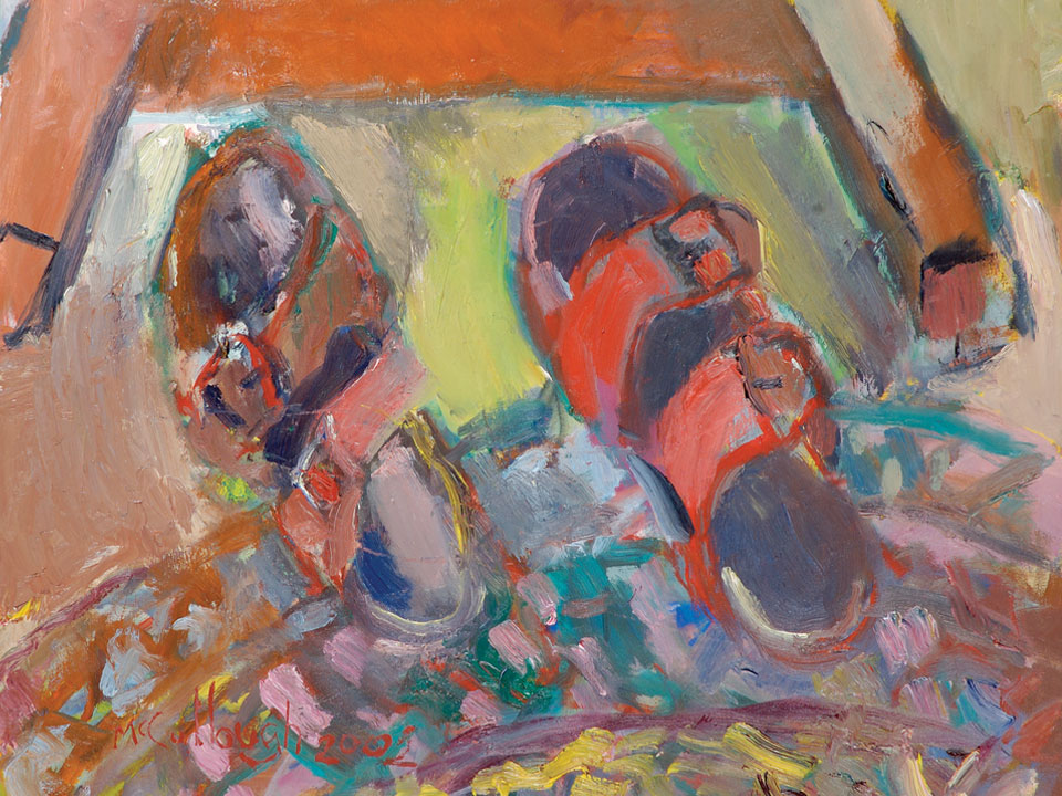 George McCullough painting,  oil on canvas, Birkenstocks, 2002, 24 x 36, still life study. George McCullough was a renowned artist and art teacher who lived in New York City and later moved to California and to Fort Wayne, Indiana