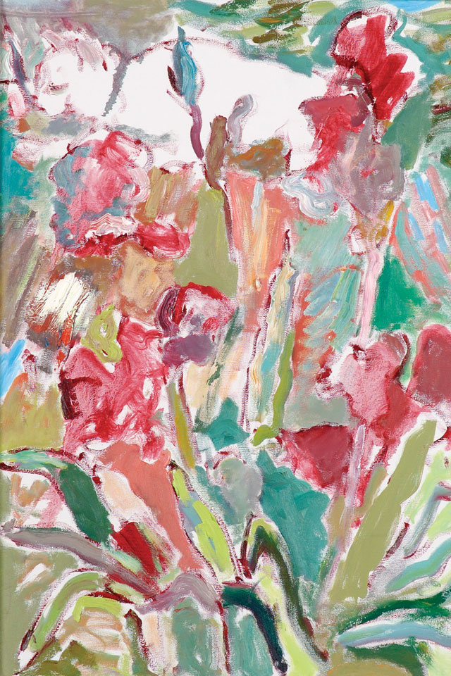 George McCullough painting,  oil on canvas, Cat among the iris, 1992, 24 x 18. George McCullough was a renowned artist and art teacher who lived in New York City and later moved to California and to Fort Wayne, Indiana