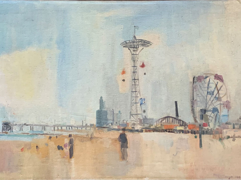 George McCullough painting,  oil on canvas, Coney Island,New York, 1950, landscape study. George McCullough was a renowned artist and art teacher who lived in New York City and later moved to California and to Fort Wayne, Indiana