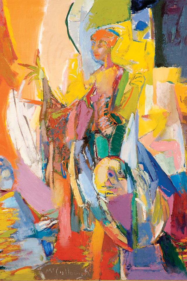 George McCullough painting, Dancer, 1990, dancing figure in color arrangements, oil on canvas. George McCullough was a renowned artist and art teacher who lived in New York City and later moved to California and to Fort Wayne, Indiana
