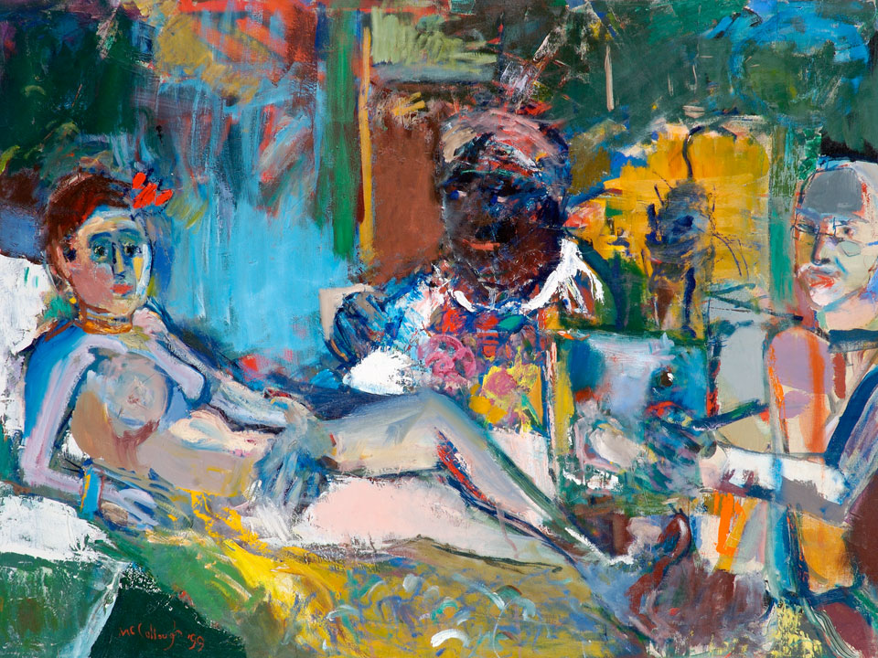 Painting by George McCullough, Olympia and Self-portriat, 1999, oil on canvas, 36 inches by 48 inches, Painting based on Manet's Olympia with George in the right corner of the composition. George McCullough was a renowned artist and art teacher who lived in New York City and later moved to California and to Fort Wayne, Indiana