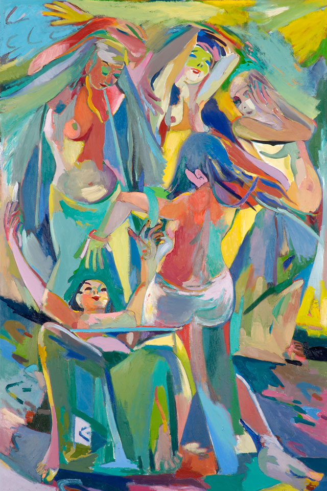 Painting by George McCullough, Port Said and Self-portriat, 1988, oil on canvas, 72 inches by 48 inches, Painting of belly dancers at a caberet Greek club, Port Said in the garment district in New York City. George McCullough was a renowned artist and art teacher who lived in New York City and later moved to California and to Fort Wayne, Indiana