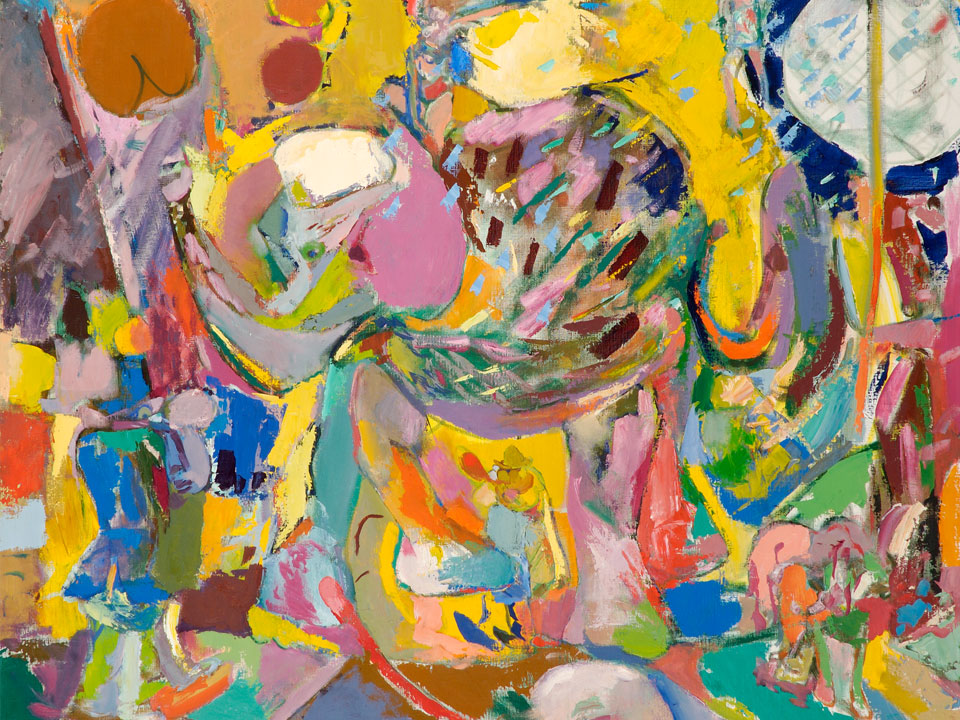 Painting by George McCullough, Circus, 1992, oil on canvas, 40 inches by 48 inches, Elephant with clowns painted from sketches from a trip to the circus. George McCullough was a renowned artist and art teacher who lived in New York City and later moved to California and to Fort Wayne, Indiana