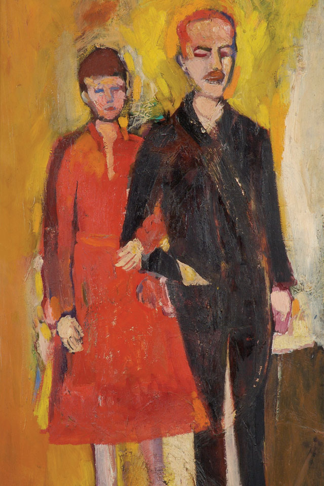 Painting by George McCullough, Weddding Portrait, 1955, oil on canvas, 40 inches by 20 inches, painted two weeks before their wedding. Sue described her red dresss to George over the phone. George McCullough was a renowned artist and art teacher who lived in New York City and later moved to California and to Fort Wayne, Indiana