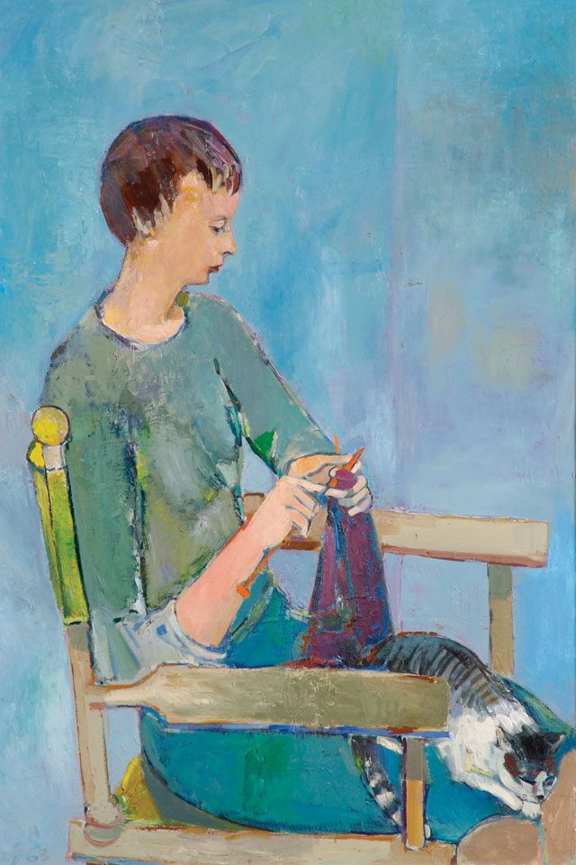 Painting by George McCullough, Sue Knitting, 1962-63, oil on canvas, 49 inches by 37 inches, Portrait of Sue. George McCullough was a renowned artist and art teacher who lived in New York City and later moved to California and to Fort Wayne, Indiana