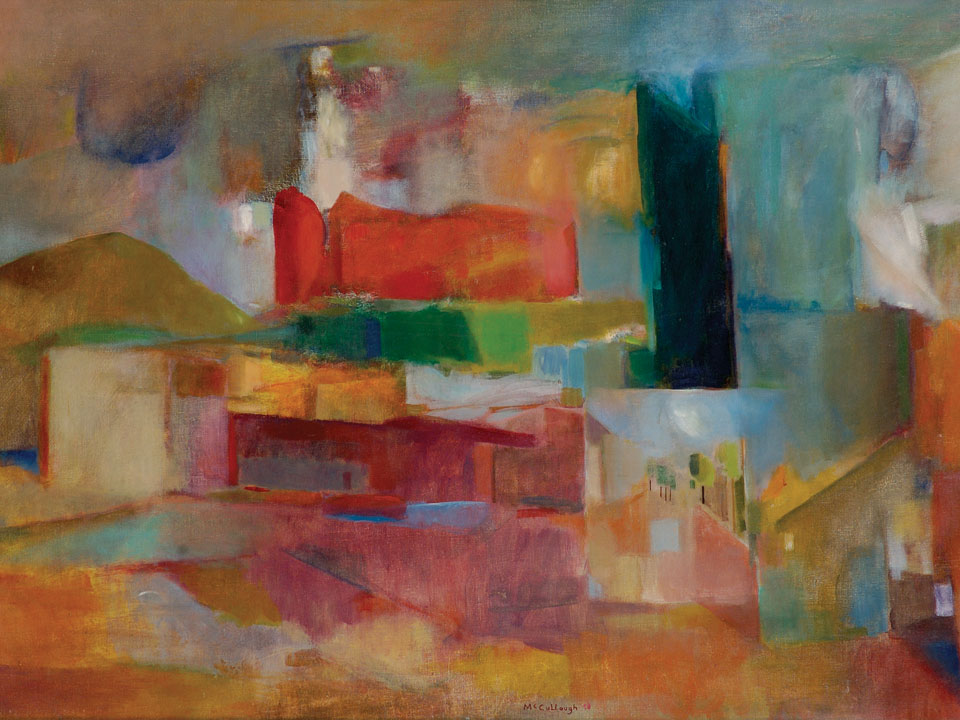 Painting by George McCullough, Homage to Iowa, 1956, oil on canvas, 33 inches by 53 inches, Landscape painting of Iowa City painted for an alumni exhibition. George McCullough was a renowned artist and art teacher who lived in New York City and later moved to California and to Fort Wayne, Indiana